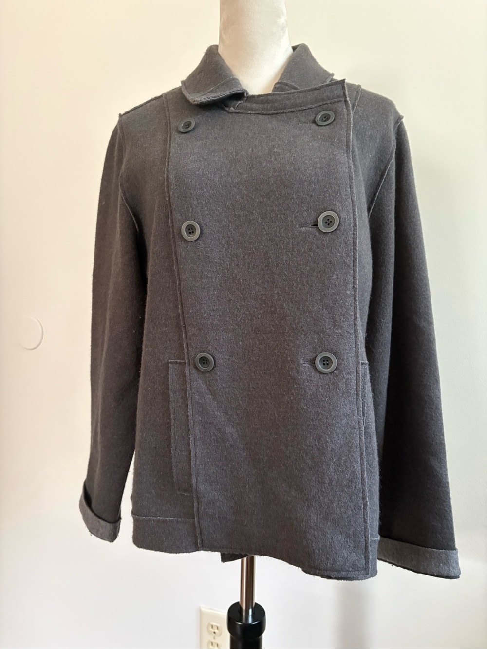 Eileen Fisher Felted Merino Wool Jacket Gray Double Breasted Peacoat Large